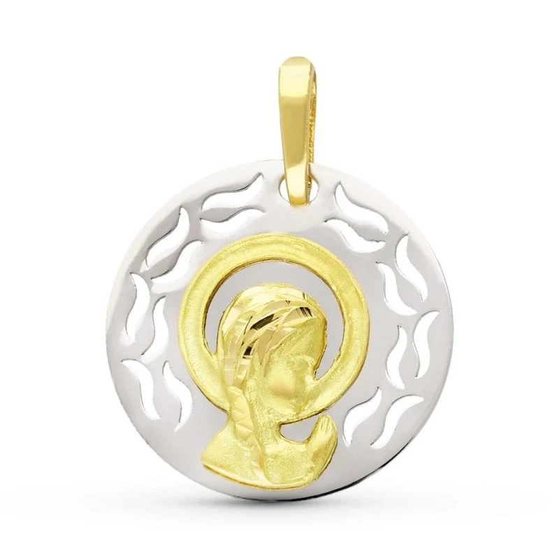 Virgen Niña medalla oro 18k colgante Primera Comunión 17 mm. redonda