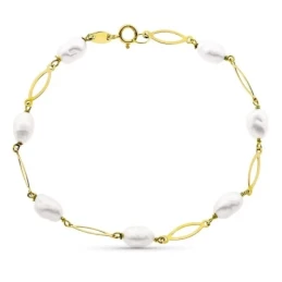 Pulsera oro 18k niña Primera Comunión 16.5 cm. siete perlas combinada