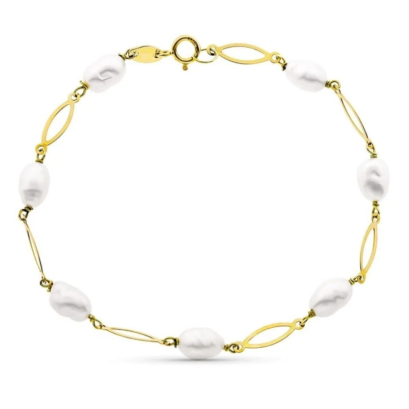 Pulsera oro 18k niña Primera Comunión 16.5 cm. siete perlas combinada