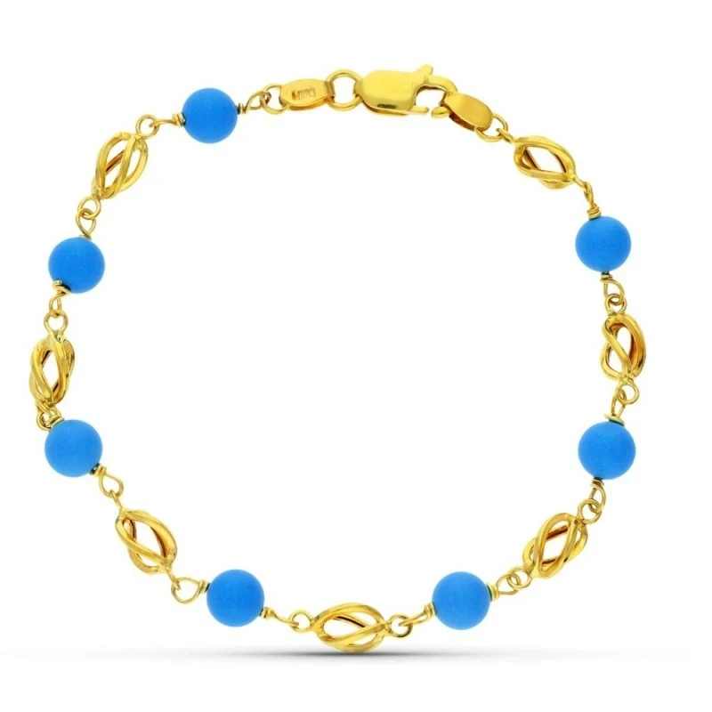 Pulsera oro 18k niña 17 cm. jaulas combinadas piedras turquesas mosqu