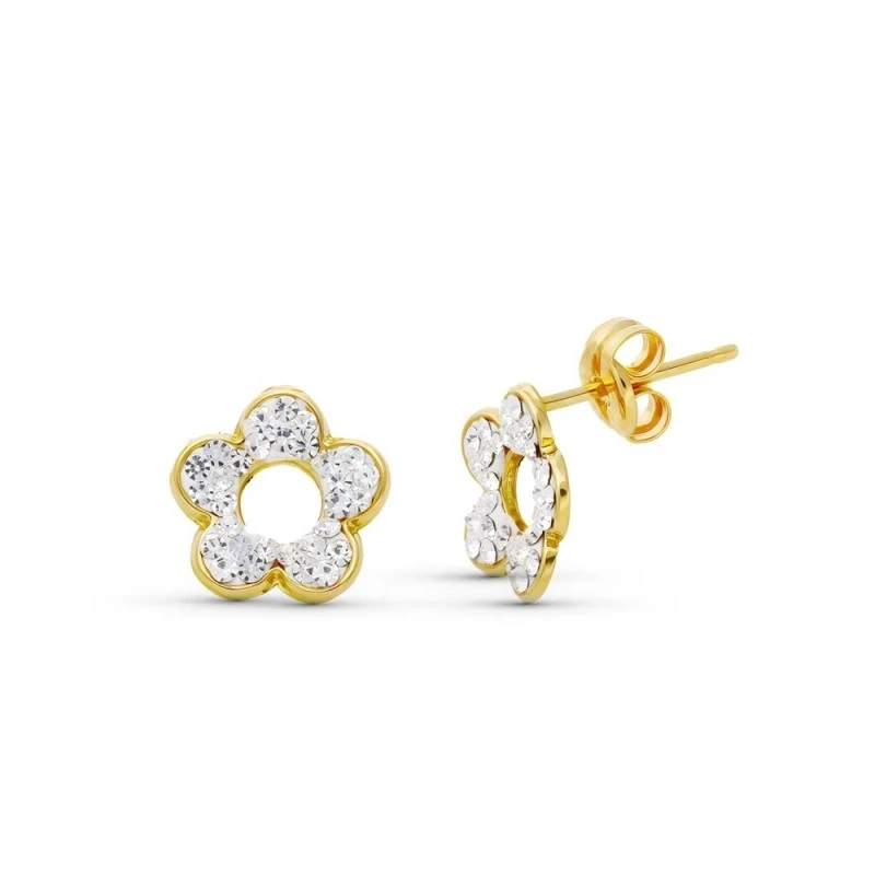 Pendientes oro 18k niña 8 mm. forma flor circonitas calada presión