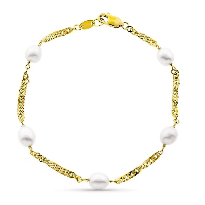 Pulsera oro 18k niña 19 cm. cinco perlas cadena singapur 6 mm. mosque
