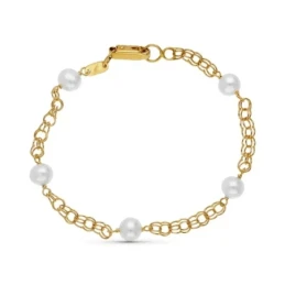 Pulsera oro 18k niña 16.5 cm. cadena húngara cinco perlas mosquetón