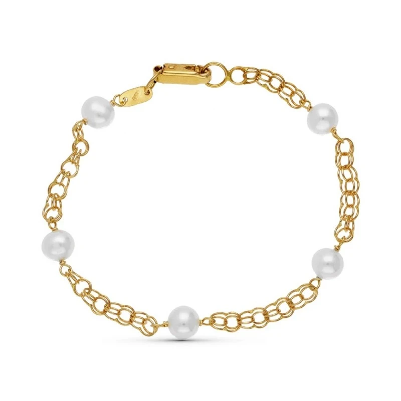 Pulsera oro 18k niña 16.5 cm. cadena húngara cinco perlas mosquetón