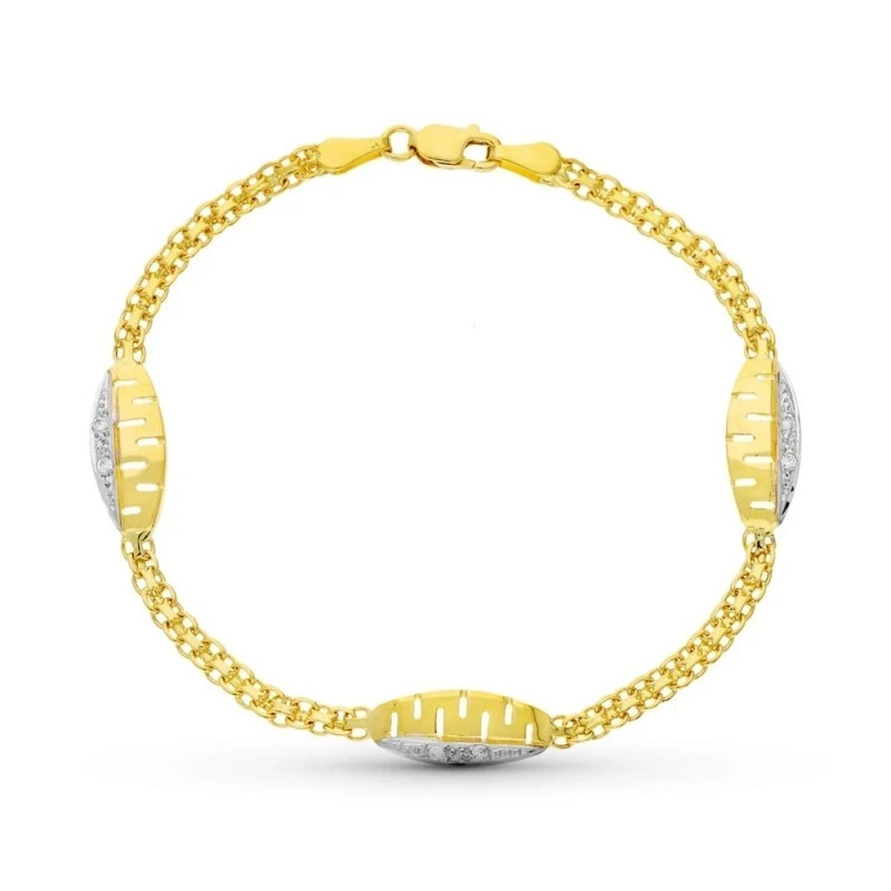 Pulsera oro bicolor 18k niña 17.5 cm Primera Comunión doble cadena fo