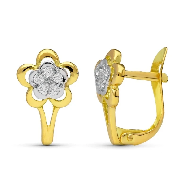 Pendientes oro bicolor 18k niña Primera Comunión 12 mm. forma flor ci