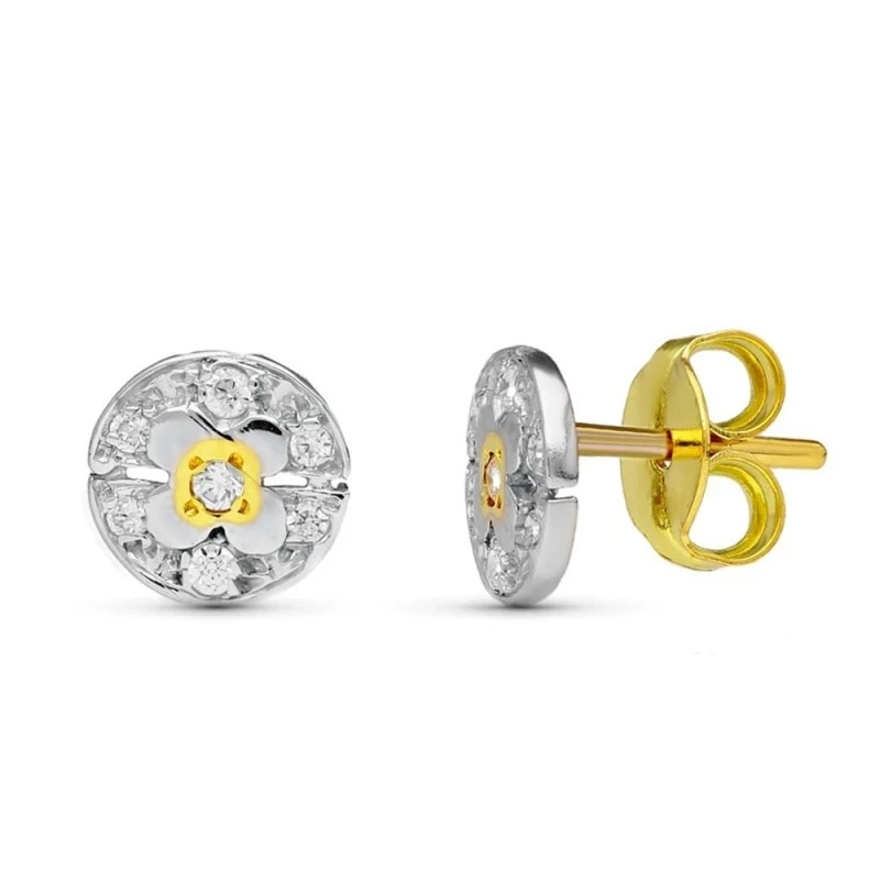 Pendientes oro bicolor 18k niña Primera Comunión 8 mm. circonitas pre
