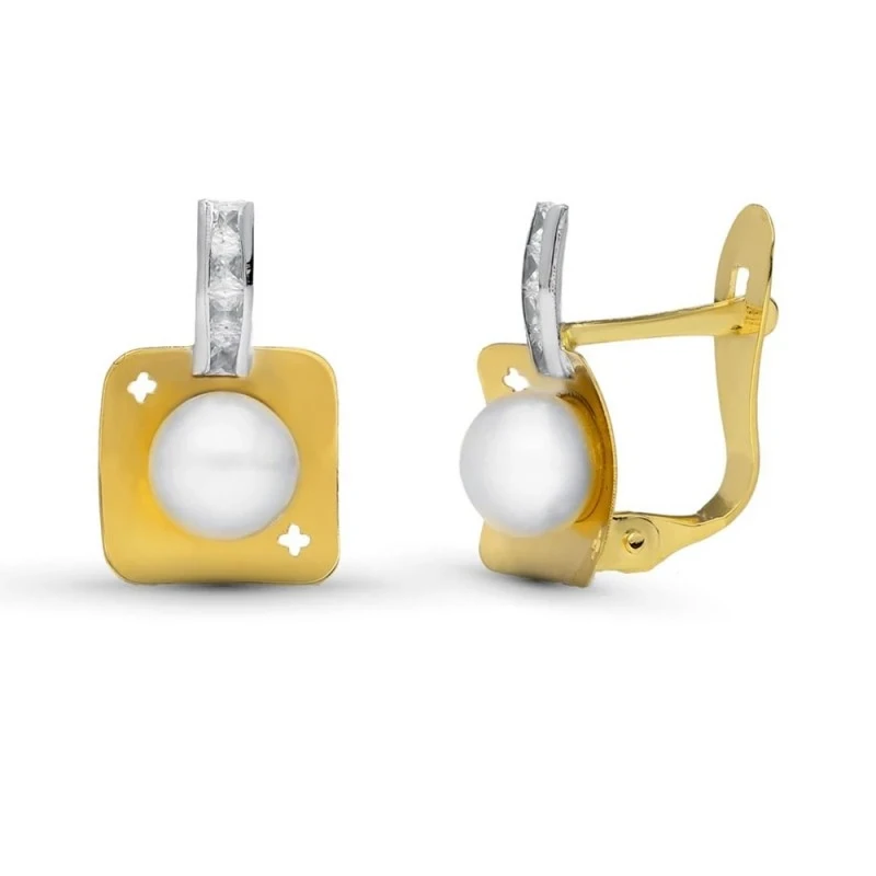 Pendientes oro bicolor 18k niña Primera Comunión 12 mm. cuadrados per