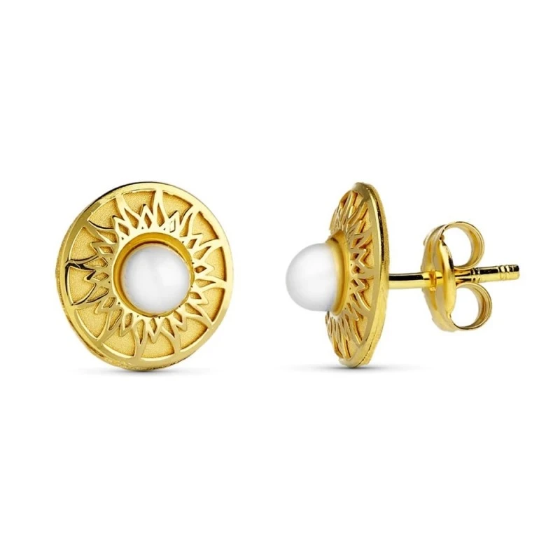 Pendientes oro 18k niña 9 mm. redondos perla centro 3 mm. detalles br