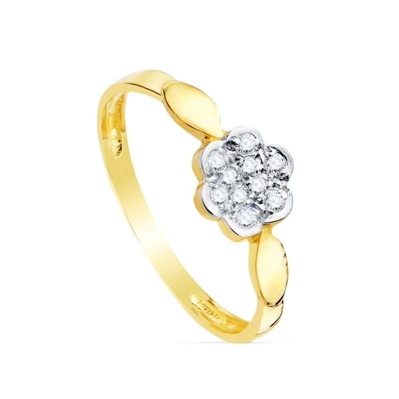 Sortija oro 18k niña Primera Comunión cabeza circonitas forma flor ho