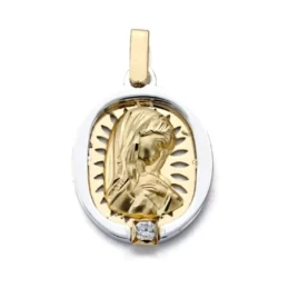 Virgen Niña medalla oro 18k Primera Comunión 24 mm. calada circonita