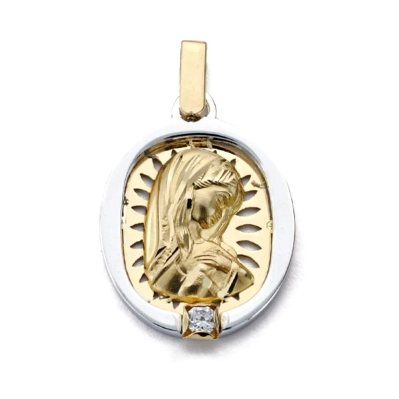 Virgen Niña medalla oro 18k Primera Comunión 24 mm. calada circonita