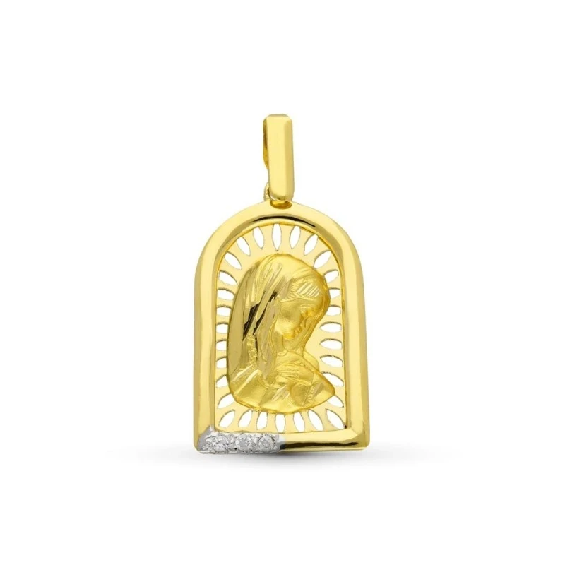 Virgen Niña medalla oro 18k Primera Comunión 24 mm. calada tres circo