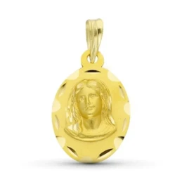 Virgen Niña medalla oro 18k Primera Comunión 19 mm. ovalada detalles