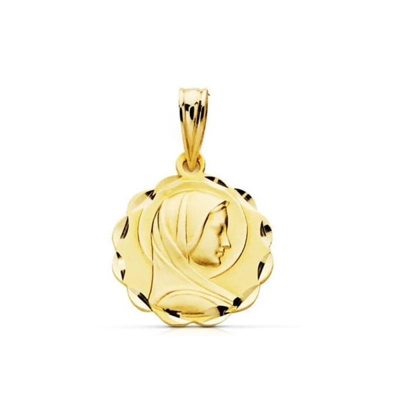 Virgen Niña medalla oro 18k Primera Comunión colgante 16 mm. detalles