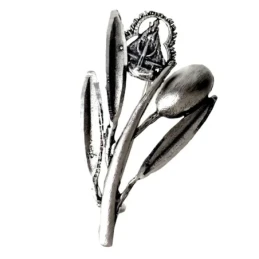 Alfiler plata Ley 925m 31mm. rama olivo hojas aceituna Virgen de la Cabeza detalles tallados