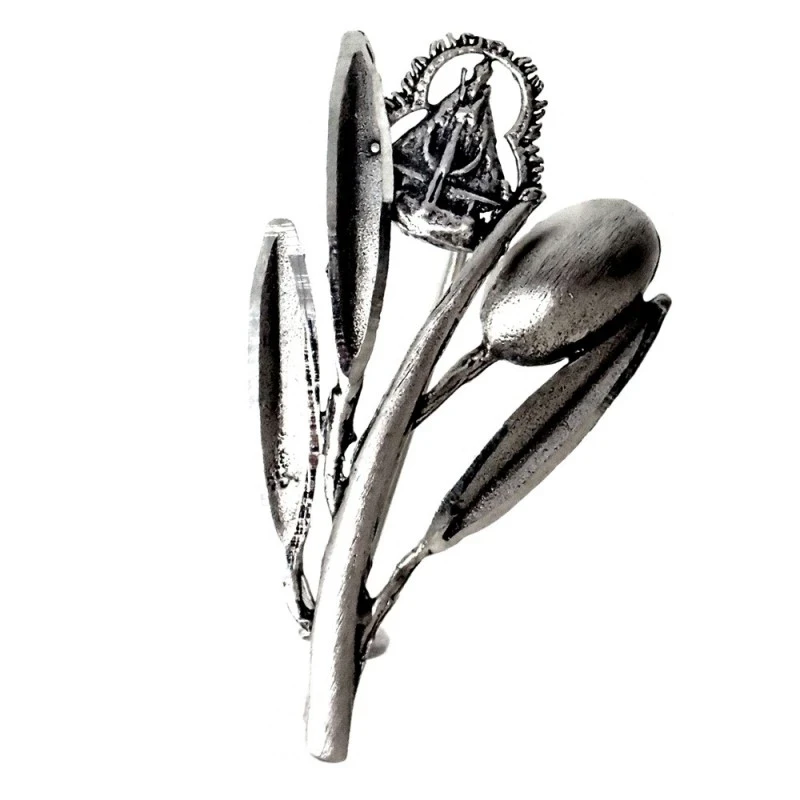 Alfiler plata Ley 925m 31mm. rama olivo hojas aceituna Virgen de la Cabeza detalles tallados