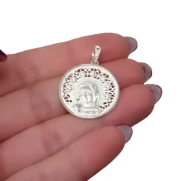 Virgen de la Alegría Plata Ley 925m maciza 24 mm. calada circonitas