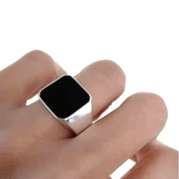 Sello Plata Ley 925m cuadrado hombre cabeza esmalte liso negro