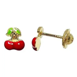 Pendiente oro 18k tornillo cerezas esmaltadas [318]