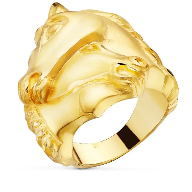 Sello oro 18k hombre cabeza caballos entrelazados laterales tallados