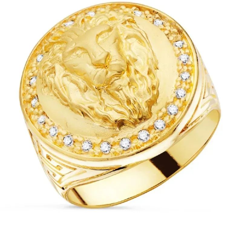 Sello oro 18k hombre cabeza león centro borde circonitas laterales gr