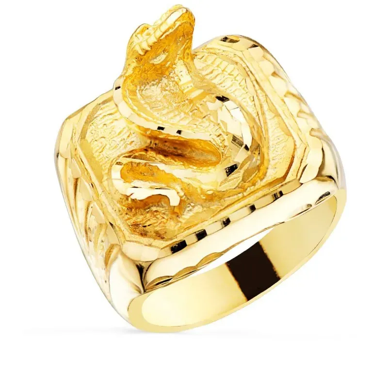 Sello oro 18k hombre serpiente cobra cabeza ancho 20 mm. detalles tal