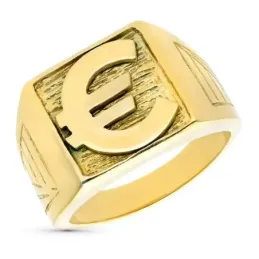 Sello oro 18k hombre símbolo euro brillo centro ancho cabeza 15 mm.