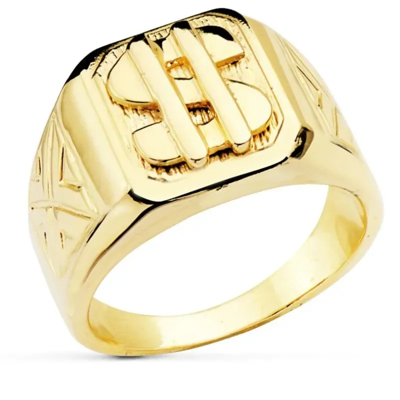 Sello oro 18k hombre macizo simbolo dólar centro cabeza detalles late