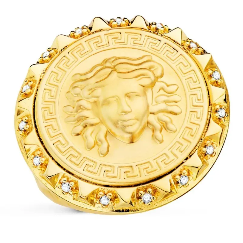 Sello oro 18k hombre medusa centro detalle greca cabeza redonda combi