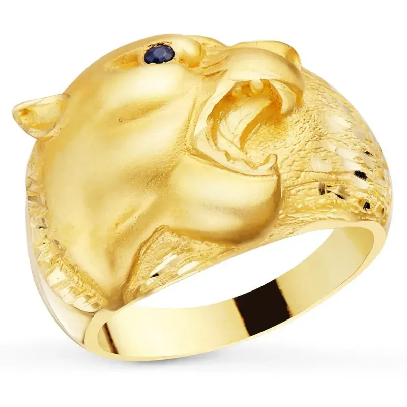 Sello oro 18k hombre macizo cabeza puma 18 mm. zafiro detalle ojo