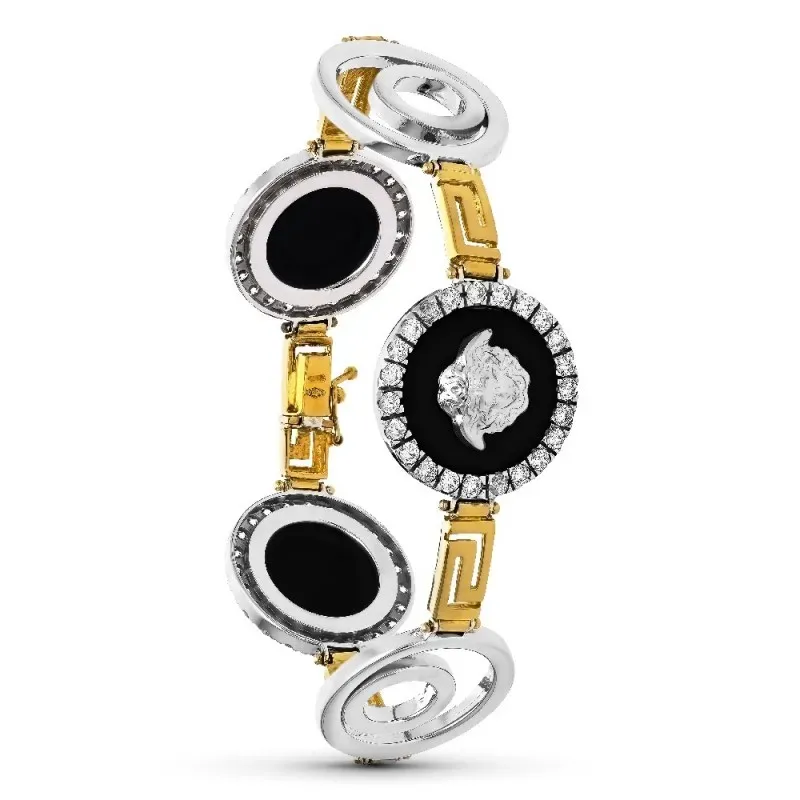 Pulsera oro bicolor 18k mujer círculos medusa centro borde circonitas