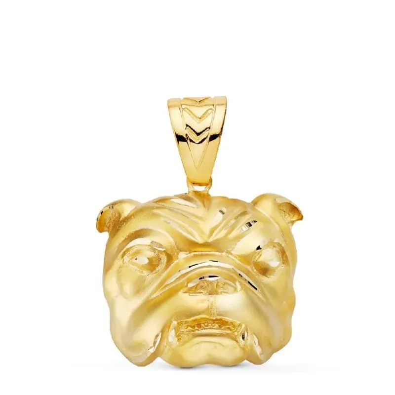 Colgante cabeza bulldog inglés oro 18k unisex 27 mm. detalles tallado