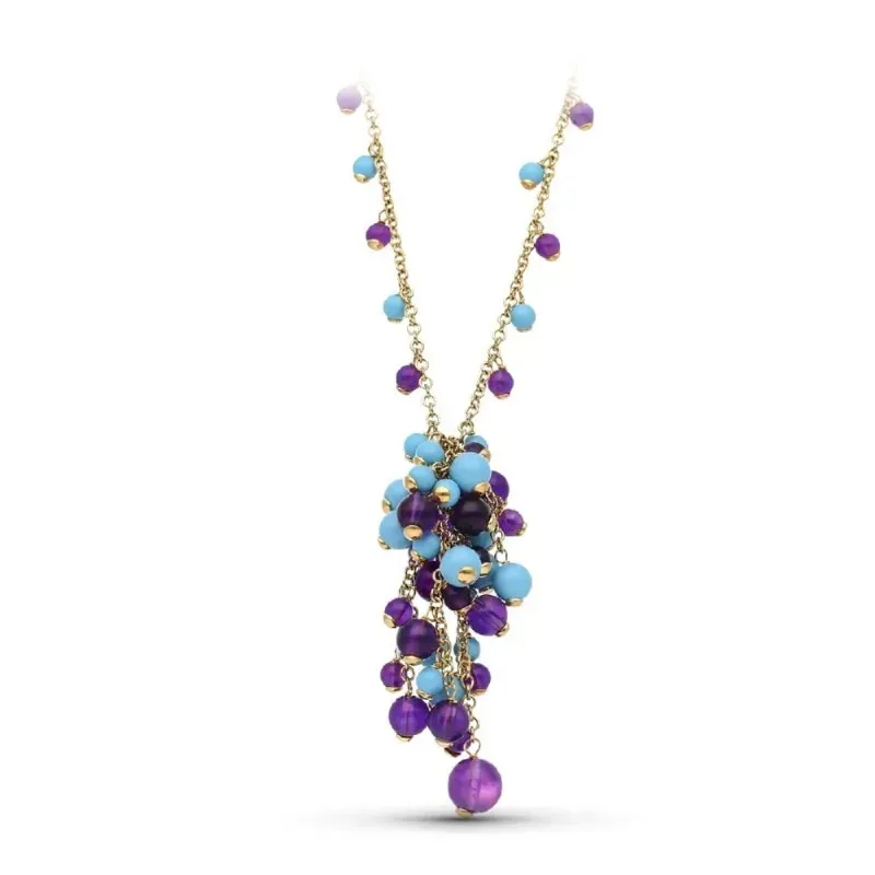 Gargantilla oro 18k mujer 43 cm. piedras color morado combinadas azul