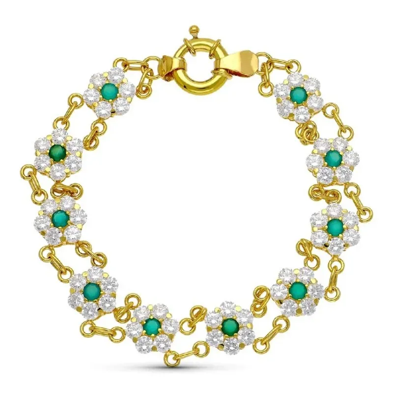 Pulsera oro 18k mujer cuajos circonitas formas flores combinadas colo