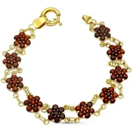 Pulsera oro 18k mujer cuajos granates forma flores cierre timón