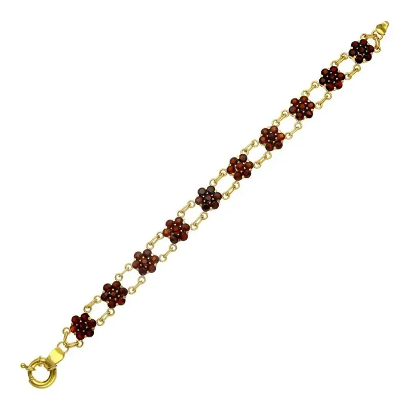 Pulsera oro 18k mujer cuajos granates forma flores cierre timón