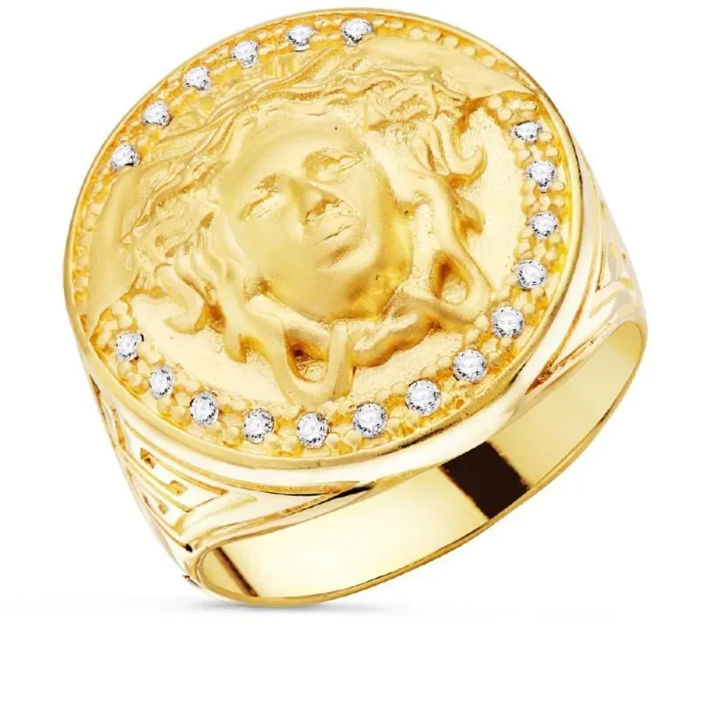 Sello oro 18k hombre medusa centro cabeza redonda 19 mm.borde circoni