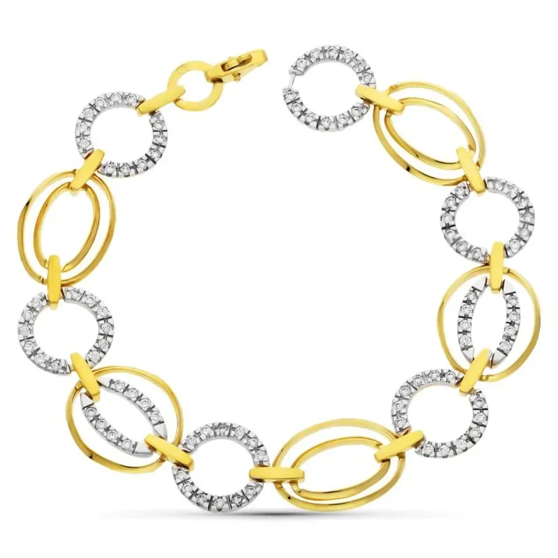 Pulsera oro bicolor 18k mujer eslabones redondos circonitas combinado
