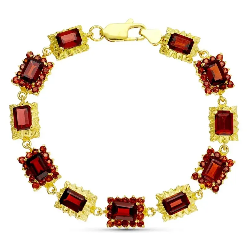 Pulsera oro 18k mujer piedras granates rectangulares combinadas redon