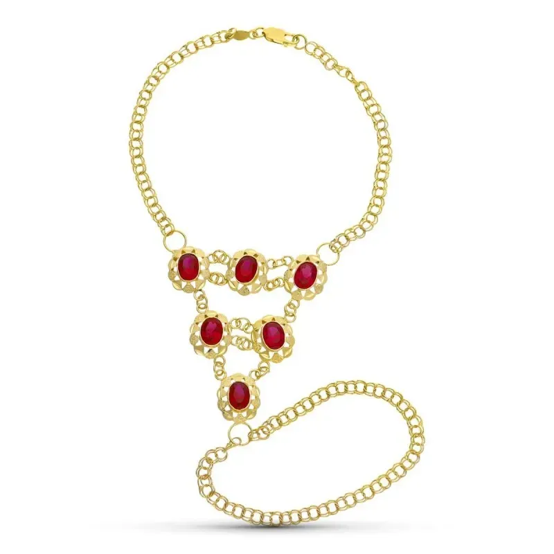 Pulsera oro 18k mujer doble cadena húngara 6 cubanas color rojo centr