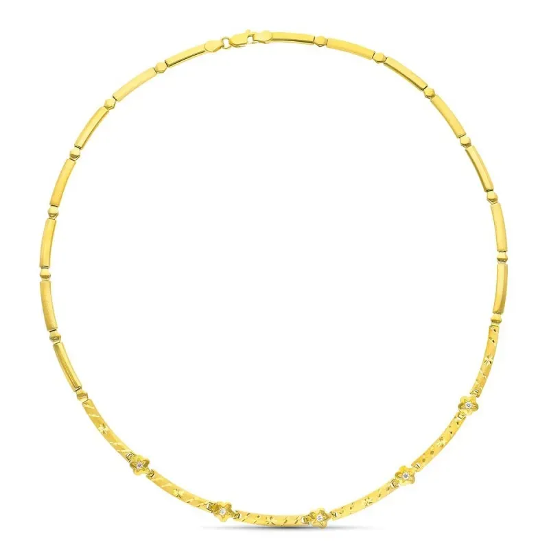 Gargantilla oro 18k mujer tramos lisos combinados tallados flores cir