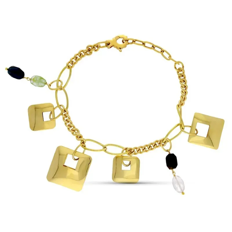 Pulsera oro 18k mujer cadena combinada colgantes cuadrados combinados