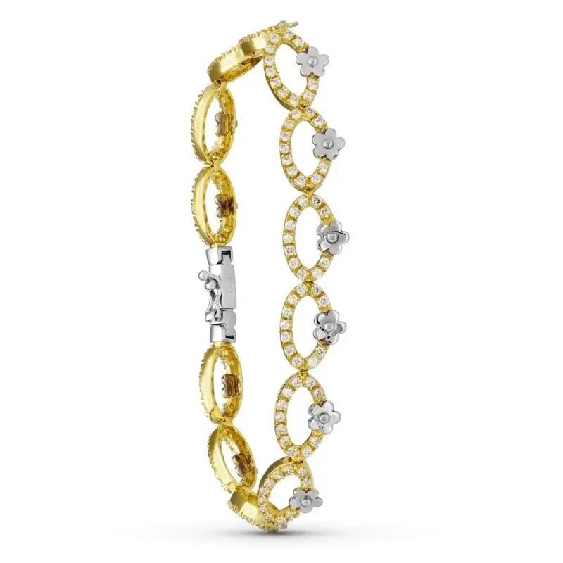 Pulsera oro bicolor 18k mujer eslabones ovalados calados circonitas d