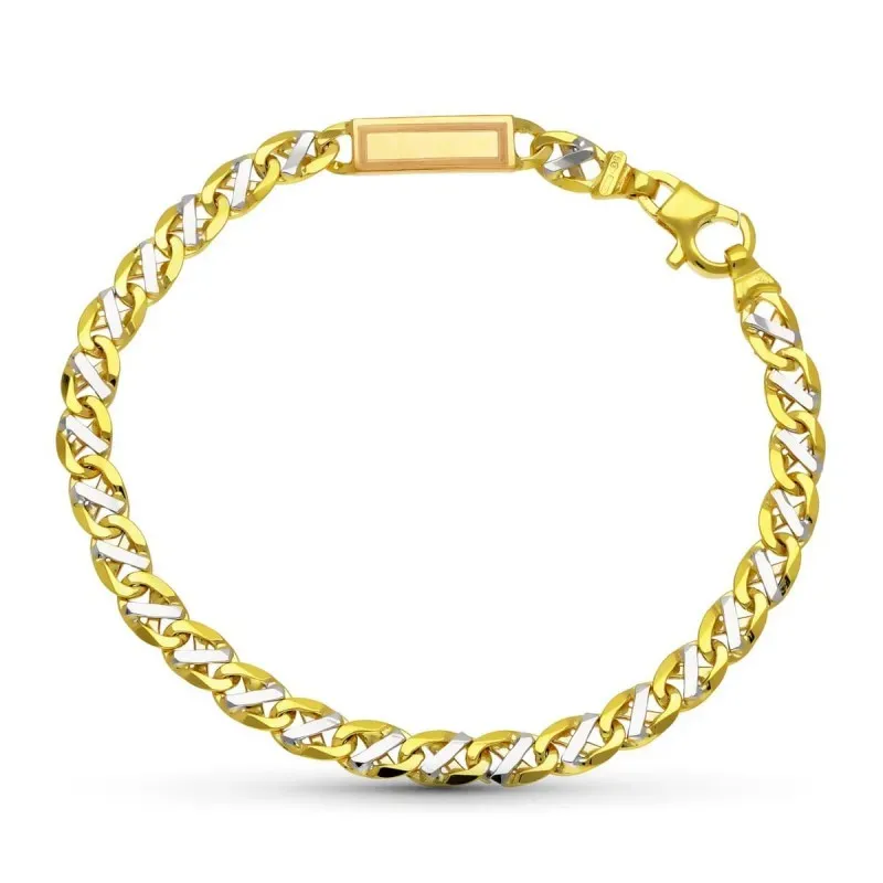 Pulsera oro bicolor 18k mujer maciza detalle chapa mosquetón