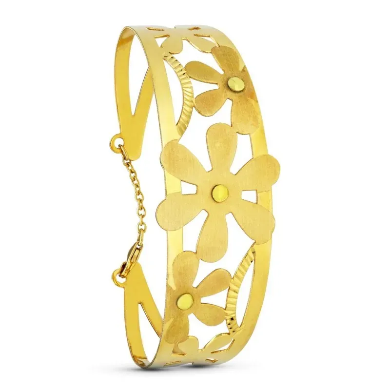 Pulsera rígida oro 18k mujer detalle flores caladas láser