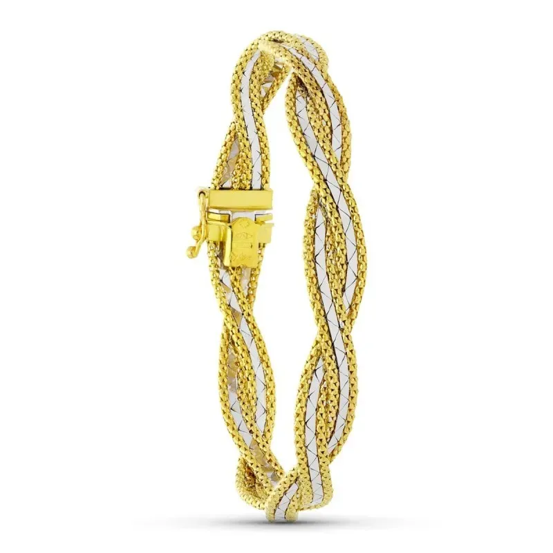 Pulsera oro bicolor 18k mujer doble cadena trenzada