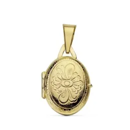 Colgante oro 18k mujer 21 mm. portafotos oval guardapelo tallado