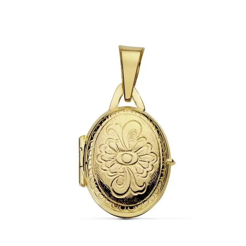 Colgante oro 18k mujer 21 mm. portafotos oval guardapelo tallado