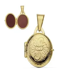 Colgante oro 18k mujer 21 mm. portafotos oval guardapelo tallado